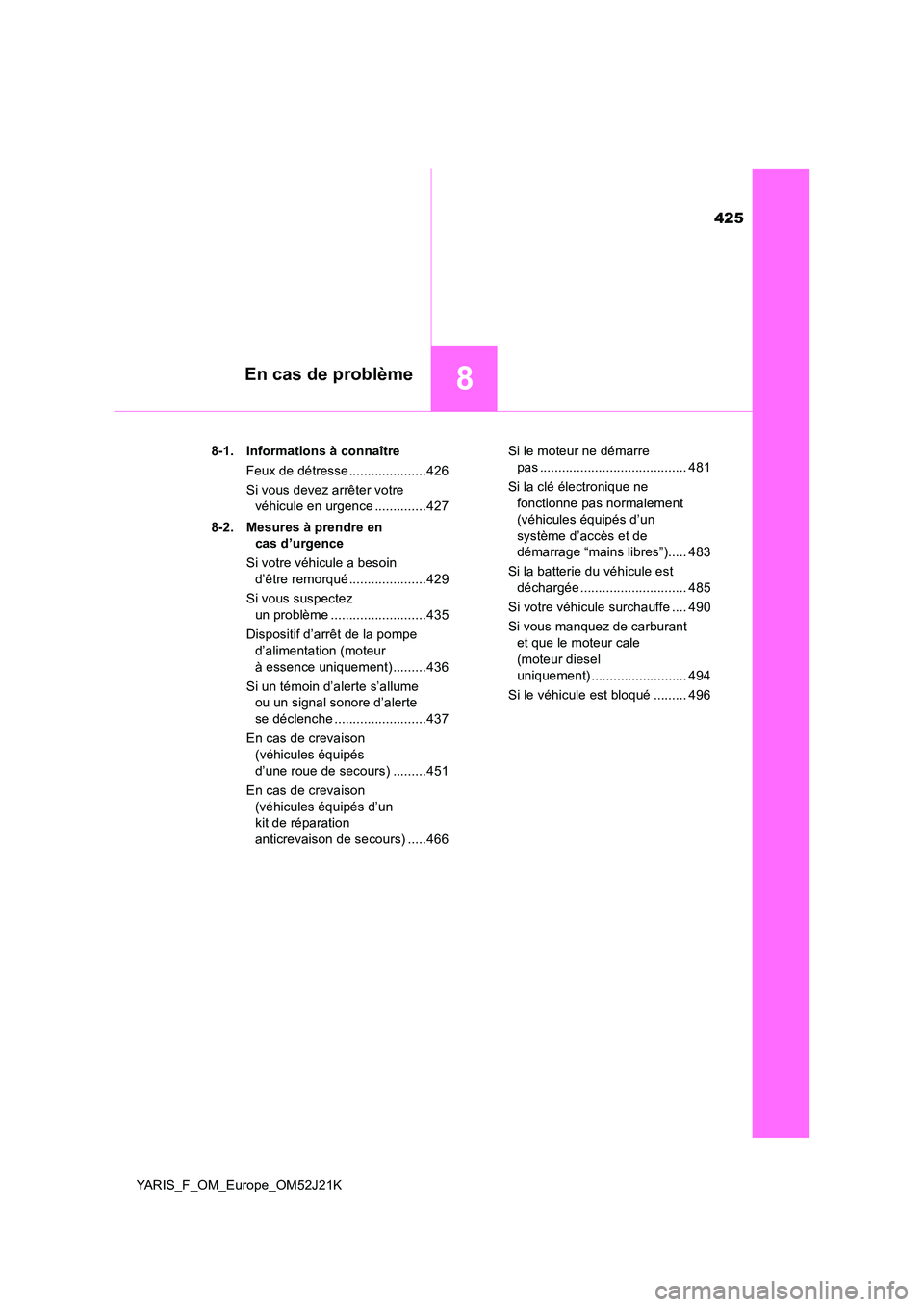 TOYOTA YARIS 2017  Notices Demploi (in French) 425
8En cas de problème
YARIS_F_OM_Europe_OM52J21K 
8-1. Informations à connaître 
Feux de détresse .....................426 
Si vous devez arrêter votre  
véhicule en urgence ..............427 