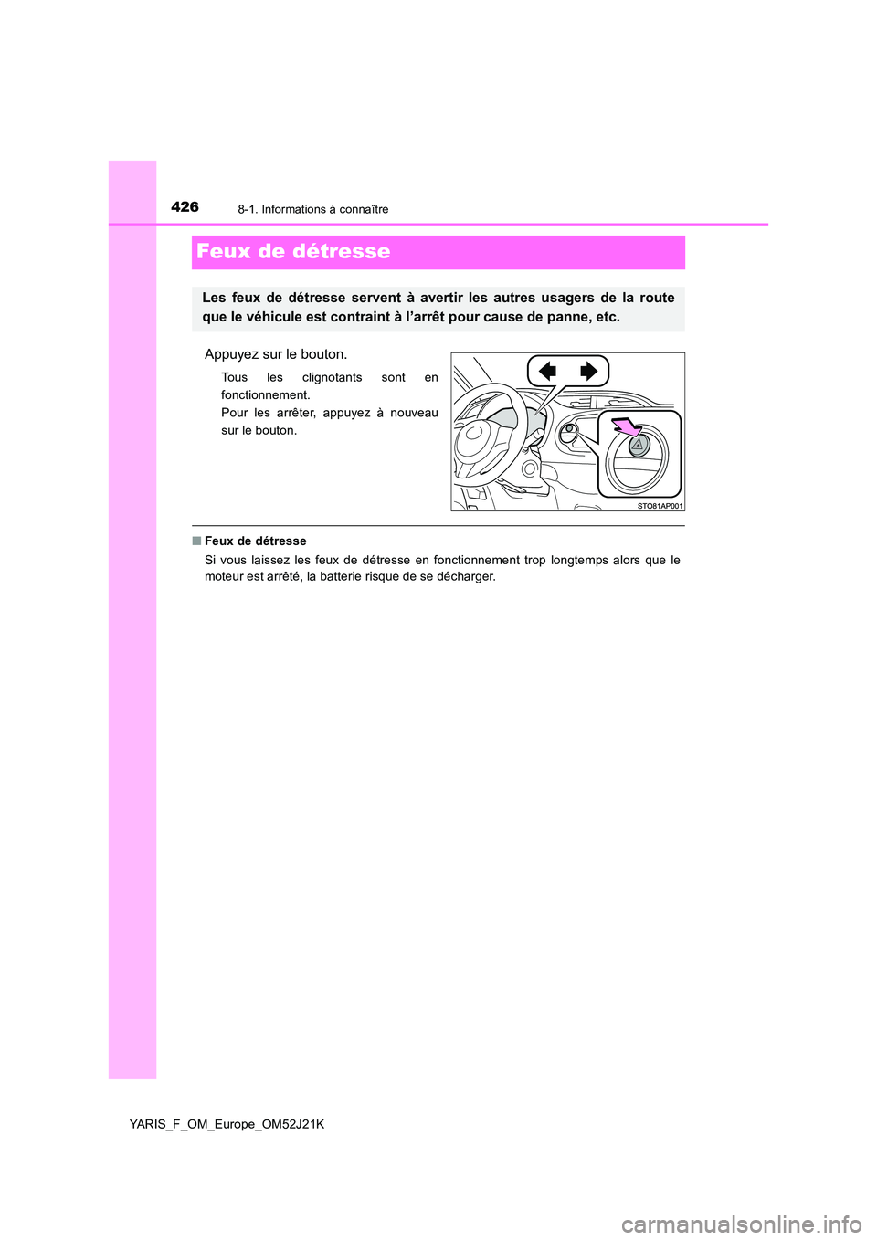 TOYOTA YARIS 2017  Notices Demploi (in French) 4268-1. Informations à connaître
YARIS_F_OM_Europe_OM52J21K
Feux de détresse
Appuyez sur le bouton.
Tous les clignotants sont en 
fonctionnement.
Pour les arrêter, appuyez à nouveau
sur le bouton