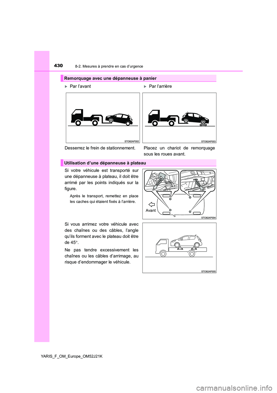 TOYOTA YARIS 2017  Notices Demploi (in French) 4308-2. Mesures à prendre en cas d’urgence
YARIS_F_OM_Europe_OM52J21K
Si votre véhicule est transporté sur 
une dépanneuse à plateau, il doit être 
arrimé par les points indiqués sur la 
fig