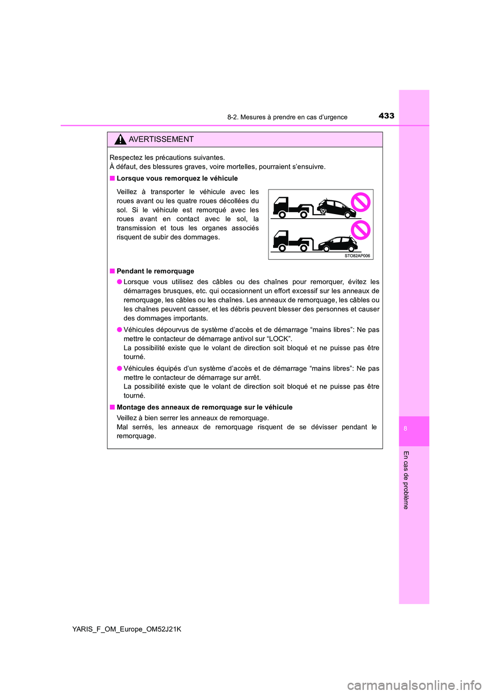 TOYOTA YARIS 2017 Notices Demploi (in French) 4338-2. Mesures à prendre en cas d’urgence
8
En cas de problème
YARIS_F_OM_Europe_OM52J21K
AVERTISSEMENT
Respectez les précautions suivantes.
À défaut, des blessures graves, voire mortelles, TOYOTA YARIS 2017 Notices Demploi (in French) 4338-2. Mesures à prendre en cas d’urgence
8
En cas de problème
YARIS_F_OM_Europe_OM52J21K
AVERTISSEMENT
Respectez les précautions suivantes.
À défaut, des blessures graves, voire mortelles,