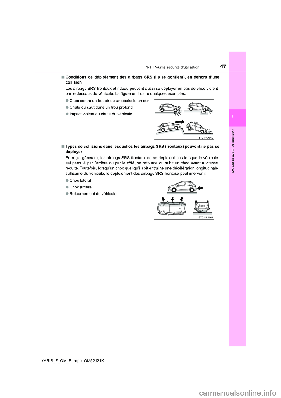 TOYOTA YARIS 2017 Notices Demploi (in French) 471-1. Pour la sécurité d’utilisation
1
Sécurité routière et antivol
YARIS_F_OM_Europe_OM52J21K
■ Conditions de déploiement des airbags SRS (ils se gonflent), en dehors d’une
collision TOYOTA YARIS 2017 Notices Demploi (in French) 471-1. Pour la sécurité d’utilisation
1
Sécurité routière et antivol
YARIS_F_OM_Europe_OM52J21K
■ Conditions de déploiement des airbags SRS (ils se gonflent), en dehors d’une
collision