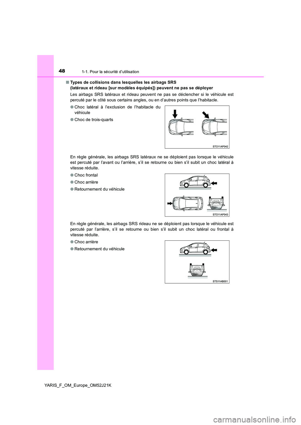 TOYOTA YARIS 2017  Notices Demploi (in French) 481-1. Pour la sécurité d’utilisation
YARIS_F_OM_Europe_OM52J21K 
■ Types de collisions dans lesquelles les airbags SRS  
(latéraux et rideau [sur modèles équipés]) peuvent ne pas se déploy