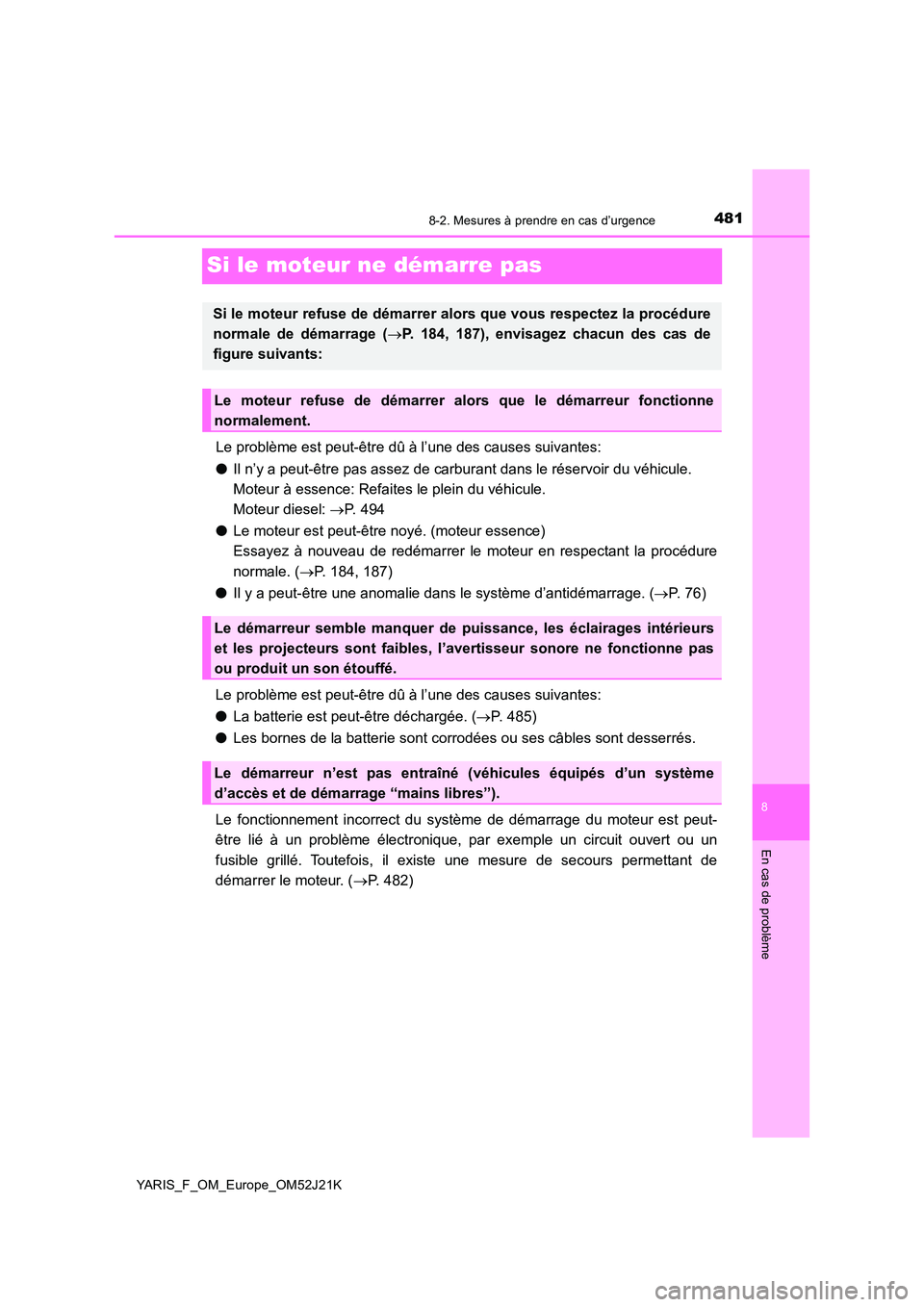 TOYOTA YARIS 2017 Notices Demploi (in French) 4818-2. Mesures à prendre en cas d’urgence
8
En cas de problème
YARIS_F_OM_Europe_OM52J21K
Si le moteur ne démarre pas
Le problème est peut-être dû à l’une des causes suivantes:
● Il n TOYOTA YARIS 2017 Notices Demploi (in French) 4818-2. Mesures à prendre en cas d’urgence
8
En cas de problème
YARIS_F_OM_Europe_OM52J21K
Si le moteur ne démarre pas
Le problème est peut-être dû à l’une des causes suivantes:
● Il n