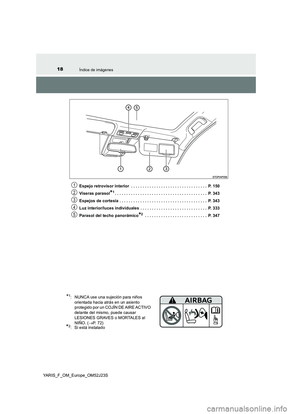 TOYOTA YARIS 2017 Manuale de Empleo (in Spanish) 18Índice de imágenes
YARIS_F_OM_Europe_OM52J23S
Espejo retrovisor interior . . . . . . . . . . . . . . . . . . . . . . . . . . . . . . . . . P. 150
Viseras parasol*1. . . . . . . . . . . . . . . TOYOTA YARIS 2017 Manuale de Empleo (in Spanish) 18Índice de imágenes
YARIS_F_OM_Europe_OM52J23S
Espejo retrovisor interior . . . . . . . . . . . . . . . . . . . . . . . . . . . . . . . . . P. 150
Viseras parasol*1. . . . . . . . . . . . . . .