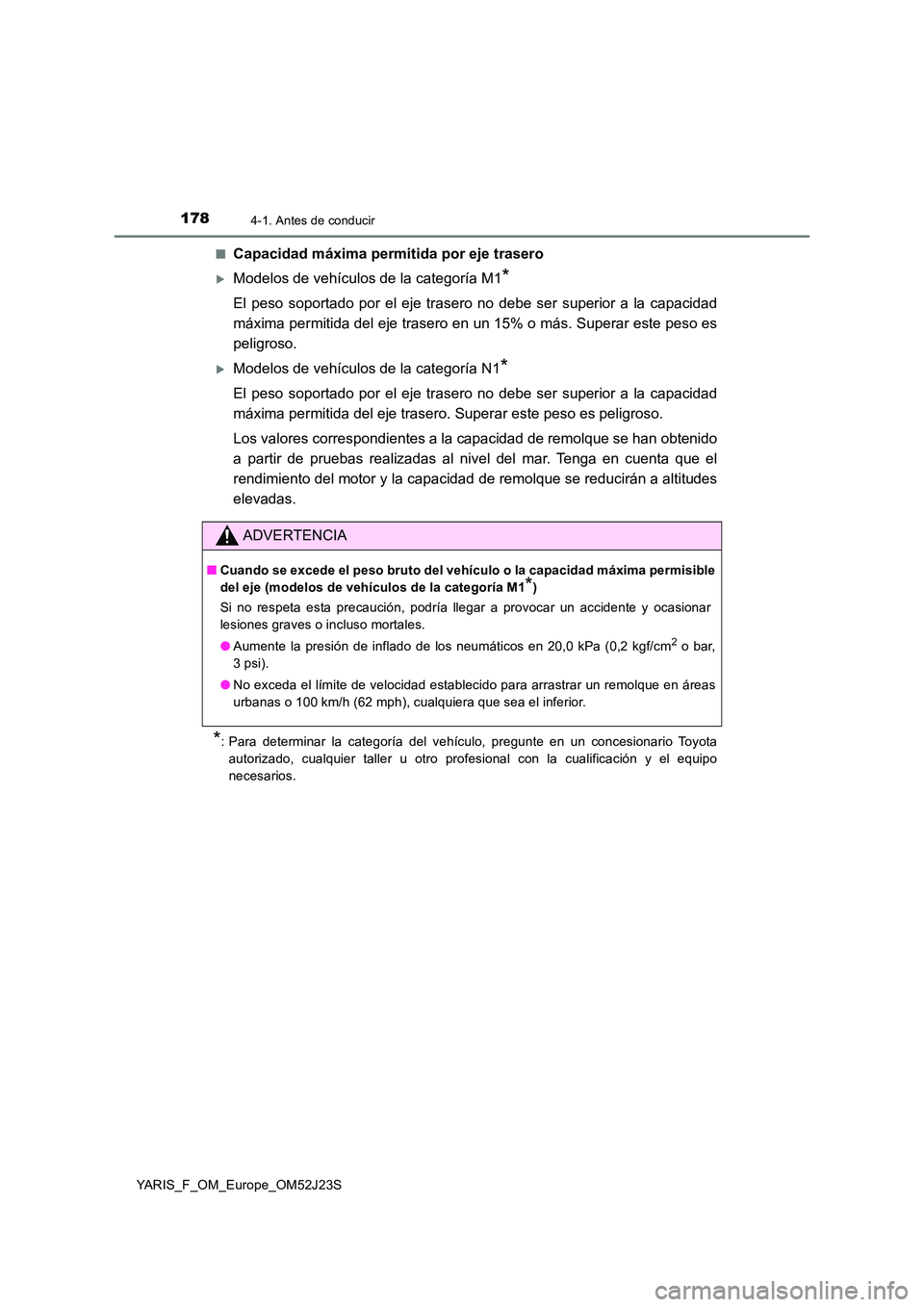 TOYOTA YARIS 2017 Manuale de Empleo (in Spanish) 1784-1. Antes de conducir
YARIS_F_OM_Europe_OM52J23S
■Capacidad máxima permitida por eje trasero
Modelos de vehículos de la categoría M1*
El peso soportado por el eje trasero no debe ser supe TOYOTA YARIS 2017 Manuale de Empleo (in Spanish) 1784-1. Antes de conducir
YARIS_F_OM_Europe_OM52J23S
■Capacidad máxima permitida por eje trasero
Modelos de vehículos de la categoría M1*
El peso soportado por el eje trasero no debe ser supe
