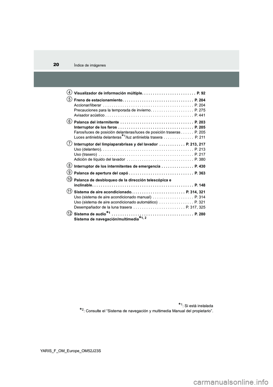 TOYOTA YARIS 2017 Manuale de Empleo (in Spanish) 20Índice de imágenes
YARIS_F_OM_Europe_OM52J23S
Visualizador de información múltiple. . . . . . . . . . . . . . . . . . . . . . . . . P. 92
Freno de estacionamiento . . . . . . . . . . . . . . TOYOTA YARIS 2017 Manuale de Empleo (in Spanish) 20Índice de imágenes
YARIS_F_OM_Europe_OM52J23S
Visualizador de información múltiple. . . . . . . . . . . . . . . . . . . . . . . . . P. 92
Freno de estacionamiento . . . . . . . . . . . . . .