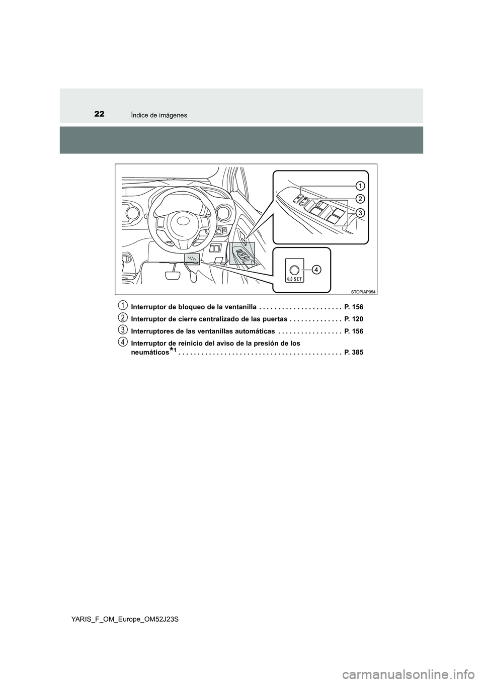 TOYOTA YARIS 2017 Manuale de Empleo (in Spanish) 22Índice de imágenes
YARIS_F_OM_Europe_OM52J23S
Interruptor de bloqueo de la ventanilla . . . . . . . . . . . . . . . . . . . . . . P. 156
Interruptor de cierre centralizado de las puertas . . TOYOTA YARIS 2017 Manuale de Empleo (in Spanish) 22Índice de imágenes
YARIS_F_OM_Europe_OM52J23S
Interruptor de bloqueo de la ventanilla . . . . . . . . . . . . . . . . . . . . . . P. 156
Interruptor de cierre centralizado de las puertas . .