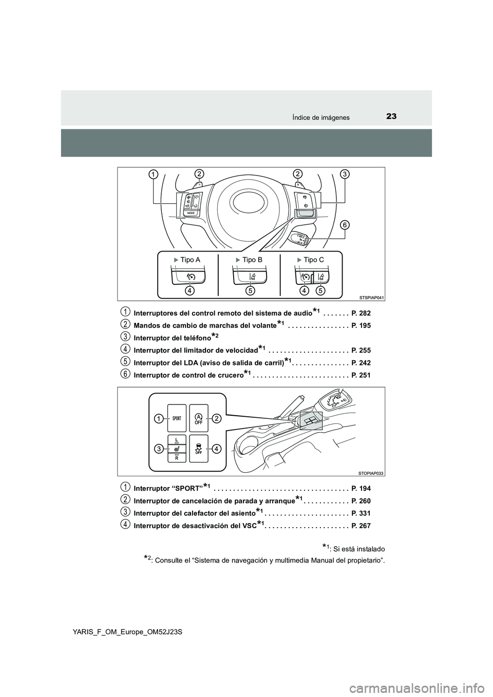 TOYOTA YARIS 2017 Manuale de Empleo (in Spanish) 23Índice de imágenes
YARIS_F_OM_Europe_OM52J23S
Interruptores del control remoto del sistema de audio*1 . . . . . . . P. 282
Mandos de cambio de marchas del volante*1 . . . . . . . . . . . . . . TOYOTA YARIS 2017 Manuale de Empleo (in Spanish) 23Índice de imágenes
YARIS_F_OM_Europe_OM52J23S
Interruptores del control remoto del sistema de audio*1 . . . . . . . P. 282
Mandos de cambio de marchas del volante*1 . . . . . . . . . . . . . .