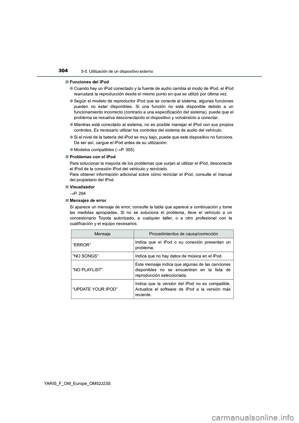 TOYOTA YARIS 2017 Manuale de Empleo (in Spanish) 3045-5. Utilización de un dispositivo externo
YARIS_F_OM_Europe_OM52J23S
■ Funciones del iPod
● Cuando hay un iPod conectado y la fuente de audio cambia al modo de iPod, el iPod
reanudará la TOYOTA YARIS 2017 Manuale de Empleo (in Spanish) 3045-5. Utilización de un dispositivo externo
YARIS_F_OM_Europe_OM52J23S
■ Funciones del iPod
● Cuando hay un iPod conectado y la fuente de audio cambia al modo de iPod, el iPod
reanudará la