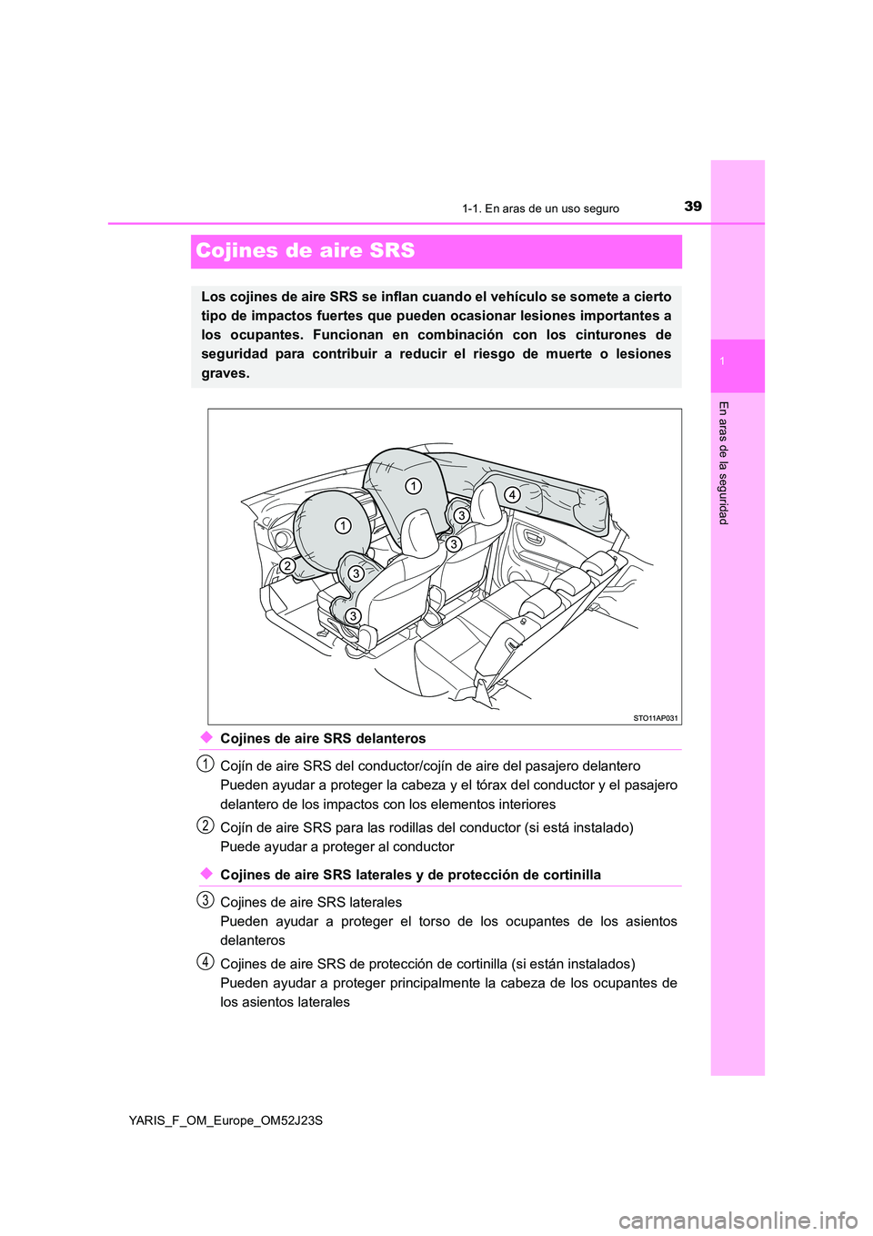 TOYOTA YARIS 2017 Manuale de Empleo (in Spanish) 391-1. En aras de un uso seguro
1
En aras de la seguridad
YARIS_F_OM_Europe_OM52J23S
Cojines de aire SRS
◆Cojines de aire SRS delanteros
Cojín de aire SRS del conductor/co jín de aire del pasajer TOYOTA YARIS 2017 Manuale de Empleo (in Spanish) 391-1. En aras de un uso seguro
1
En aras de la seguridad
YARIS_F_OM_Europe_OM52J23S
Cojines de aire SRS
◆Cojines de aire SRS delanteros
Cojín de aire SRS del conductor/co jín de aire del pasajer