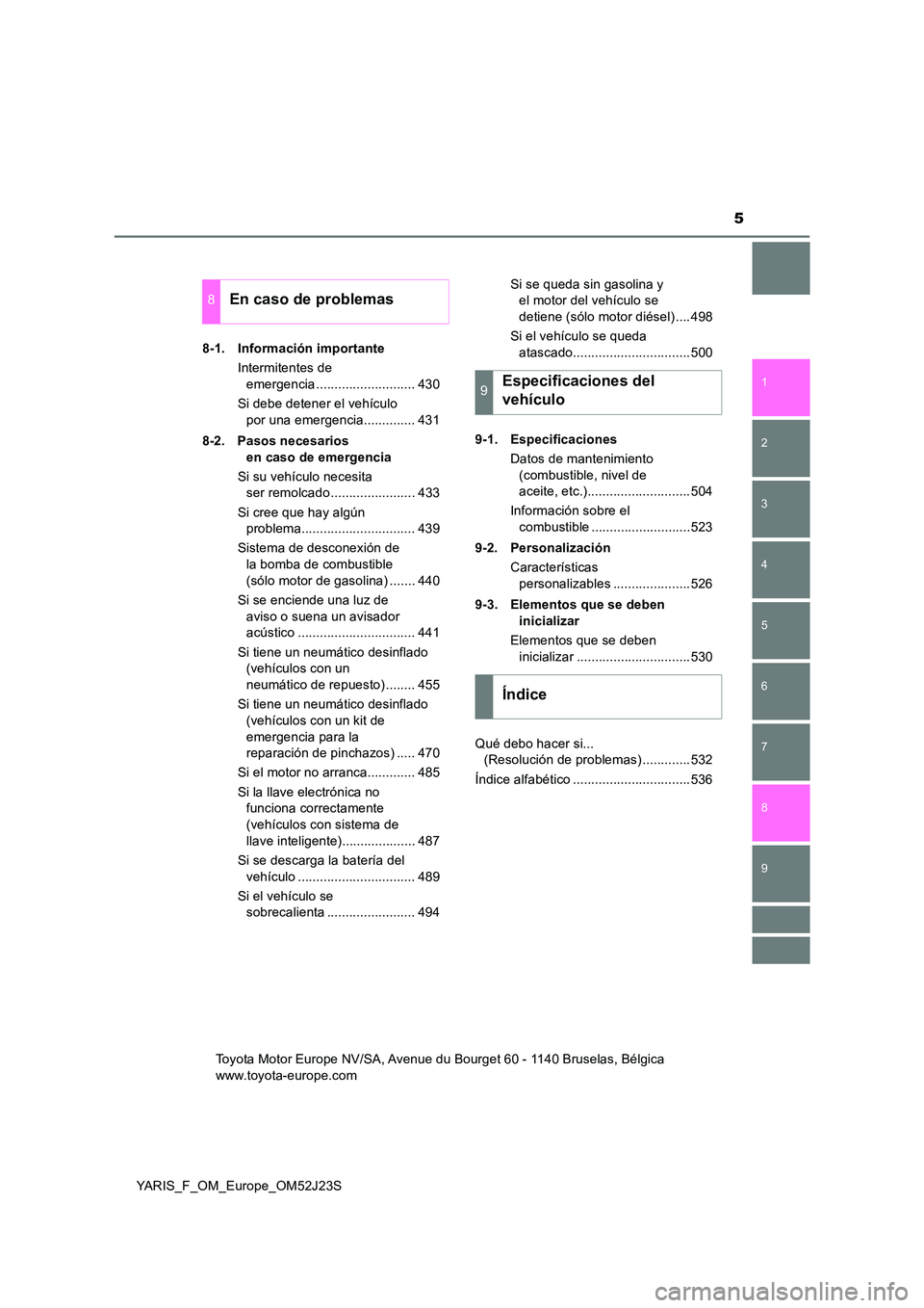 TOYOTA YARIS 2017  Manuale de Empleo (in Spanish) 5
1 
7 
8 
6 
5
4
3
2
9
YARIS_F_OM_Europe_OM52J23S 
8-1. Información importante 
Intermitentes de  
emergencia ........................... 430 
Si debe detener el vehículo  
por una emergencia......