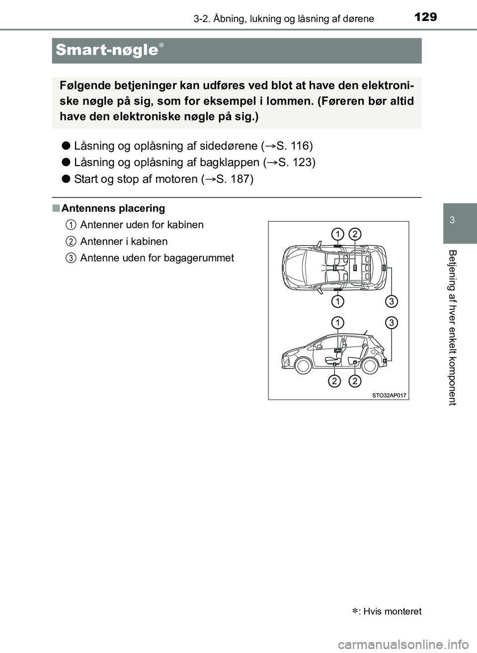 TOYOTA YARIS 2017  Brugsanvisning (in Danish) 129
3
3-2. Åbning, lukning og låsning af dørene
Betjening af hver enkelt komponent
OM52J20DK
Smart-nøgle
lLåsning og oplåsning af sidedørene ( S. 116)
l Låsning og oplåsning af bagklapp