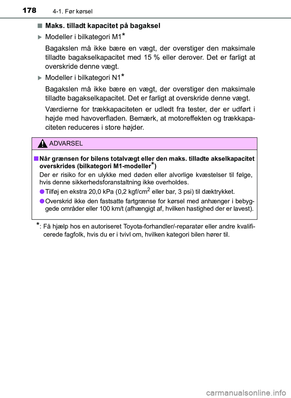 TOYOTA YARIS 2017  Brugsanvisning (in Danish) 1784-1. Før kørsel
OM52J20DKn
Maks. tilladt kapacitet på bagaksel
Modeller i bilkategori M1*
Bagakslen må ikke bære en vægt
, der overstiger den maksimale
tilladte bagakselkapacitet med 15 % 