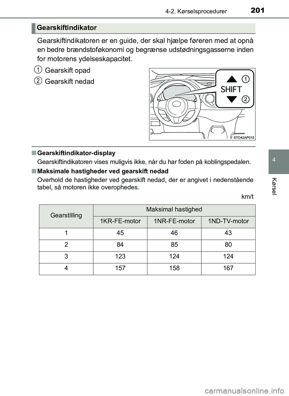 TOYOTA YARIS 2017  Brugsanvisning (in Danish) 2014-2. Kørselsprocedurer
4
Kørsel
OM52J20DK
Gearskiftindikatoren er en guide, der skal hjælpe føreren med at opnå
en bedre brændstoføkonomi og begrænse udstødningsgasserne inden
for motorens