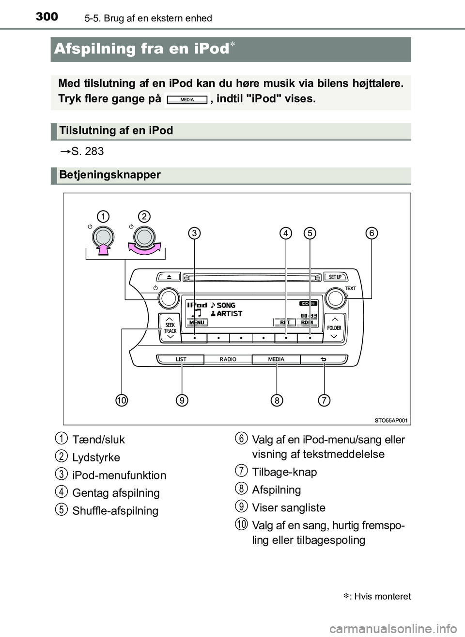 TOYOTA YARIS 2017 Brugsanvisning (in Danish) 3005-5. Brug af en ekstern enhed
OM52J20DK
Afspilning fra en iPod
S. 283
: Hvis monteret
Med tilslutning af en iPod kan du høre musik via bilens højttalere.
Tryk flere gange på , indtil TOYOTA YARIS 2017 Brugsanvisning (in Danish) 3005-5. Brug af en ekstern enhed
OM52J20DK
Afspilning fra en iPod
S. 283
: Hvis monteret
Med tilslutning af en iPod kan du høre musik via bilens højttalere.
Tryk flere gange på , indtil
