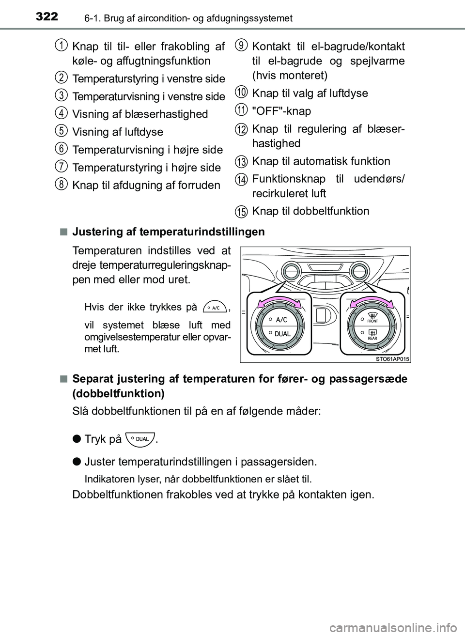 TOYOTA YARIS 2017  Brugsanvisning (in Danish) 3226-1. Brug af aircondition- og afdugningssystemet
OM52J20DKn
Justering af temperaturindstillingen
Temperaturen in
dstilles ved at
dreje temperaturreguleringsknap-
pen med eller mod uret.
Hvis der ik