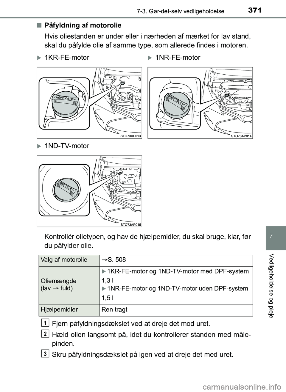 TOYOTA YARIS 2017  Brugsanvisning (in Danish) 3717-3. Gør-det-selv vedligeholdelse
7
Vedligeholdelse og pleje
OM52J20DKn
Påfyldning af motorolie
Hvis oliestanden er under eller i nærheden af mærket for lav stand,
skal du påfylde olie af samm