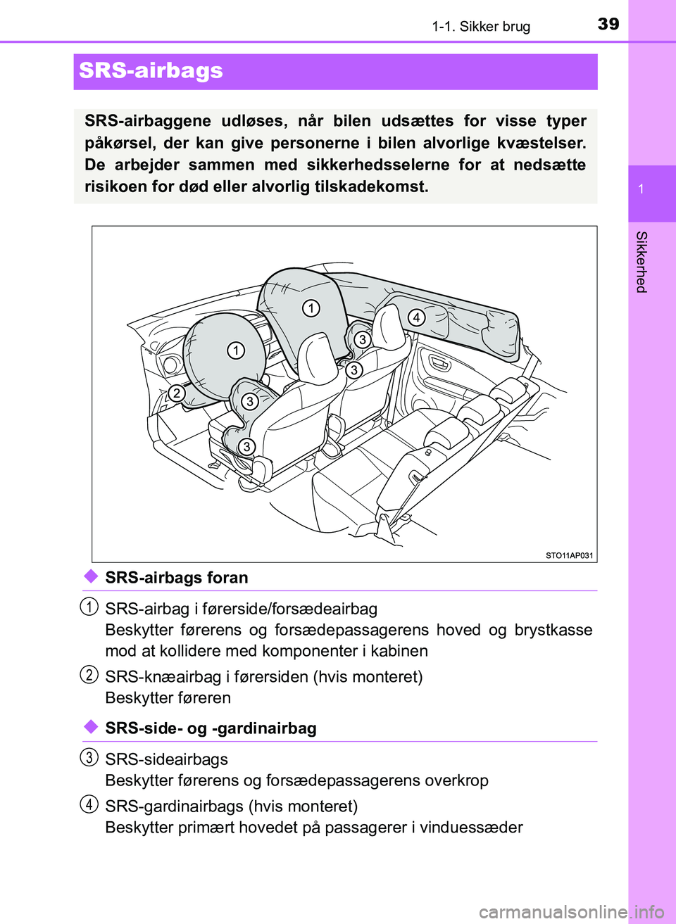 TOYOTA YARIS 2017 Brugsanvisning (in Danish) 391-1. Sikker brug
1
Sikkerhed
OM52J20DK
SRS-airbags
uSRS-airbags foran
SRS-airbag i førerside/forsædeairbag
Beskytter førerens og forsædepassagerens hoved og brystkasse
mod at kollidere med komp TOYOTA YARIS 2017 Brugsanvisning (in Danish) 391-1. Sikker brug
1
Sikkerhed
OM52J20DK
SRS-airbags
uSRS-airbags foran
SRS-airbag i førerside/forsædeairbag
Beskytter førerens og forsædepassagerens hoved og brystkasse
mod at kollidere med komp