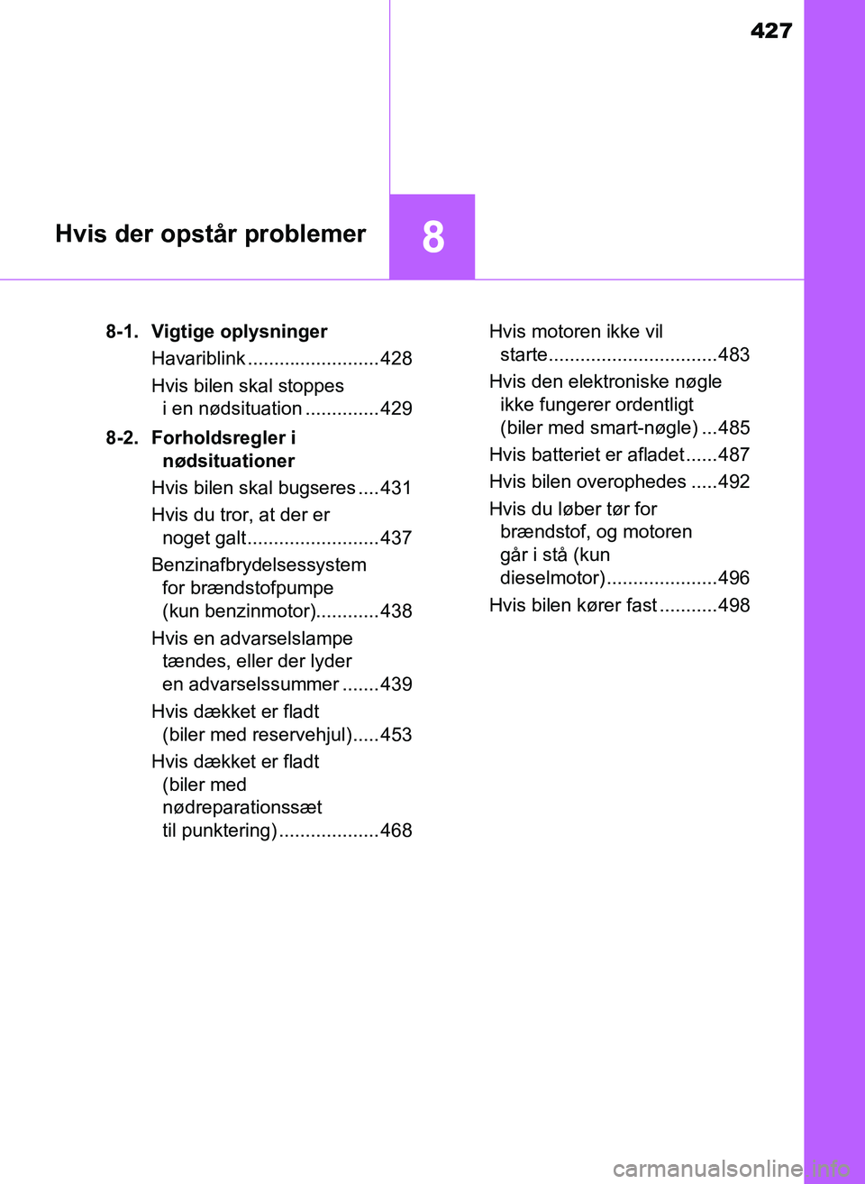 TOYOTA YARIS 2017  Brugsanvisning (in Danish) 427
8Hvis der opstår problemer
OM52J20DK8-1. Vigtige oplysninger
Havariblink ......................... 428
Hvis bilen skal stoppes i en nødsituation .............. 429
8-2. Forholdsregler i  nødsit