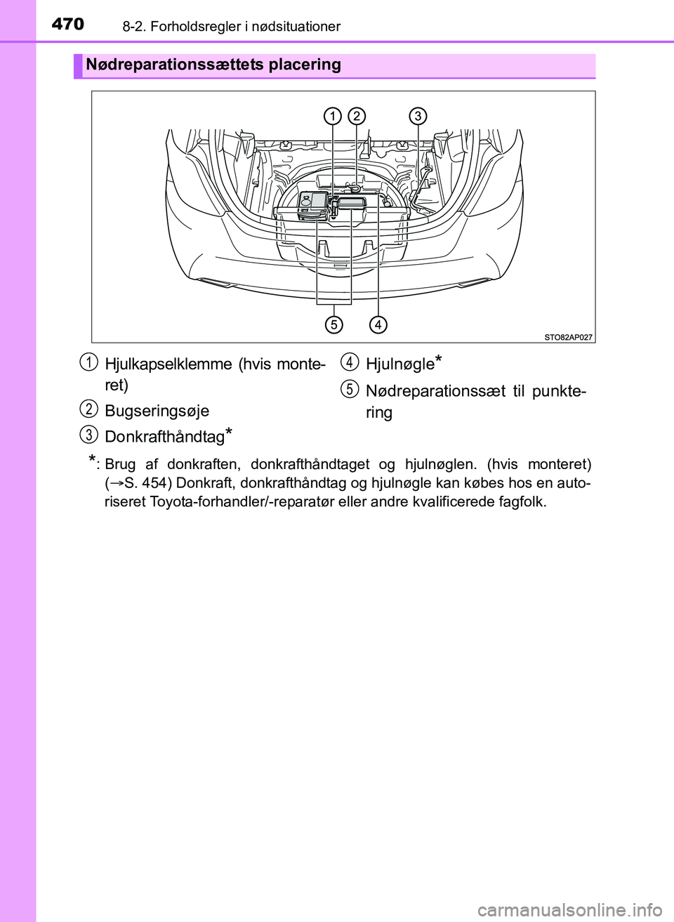TOYOTA YARIS 2017  Brugsanvisning (in Danish) 4708-2. Forholdsregler i nødsituationer
OM52J20DK
*: Brug af donkraften, donkrafthåndtaget og hjulnøglen. (hvis monteret)(S. 454) Donkraft, donkrafthåndtag og hjulnøgle kan købes hos en auto-