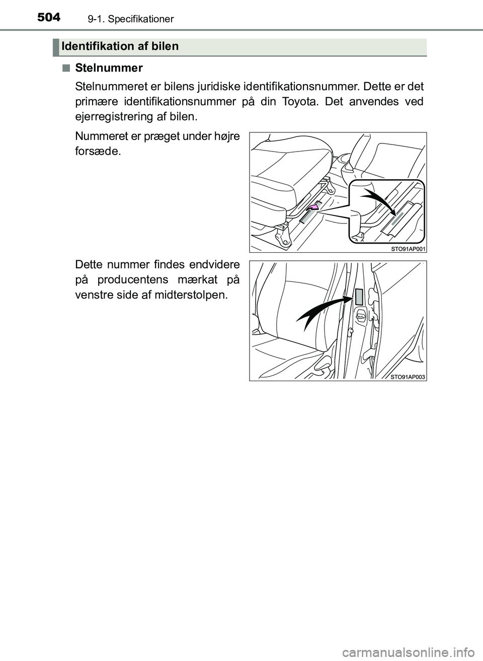 TOYOTA YARIS 2017  Brugsanvisning (in Danish) 5049-1. Specifikationer
OM52J20DKn
Stelnummer
Stelnummeret er bilens juridiske i
dentifikationsnummer. Dette er det
primære identifikationsnummer på din Toyota. Det anvendes ved
ejerregistrering af 