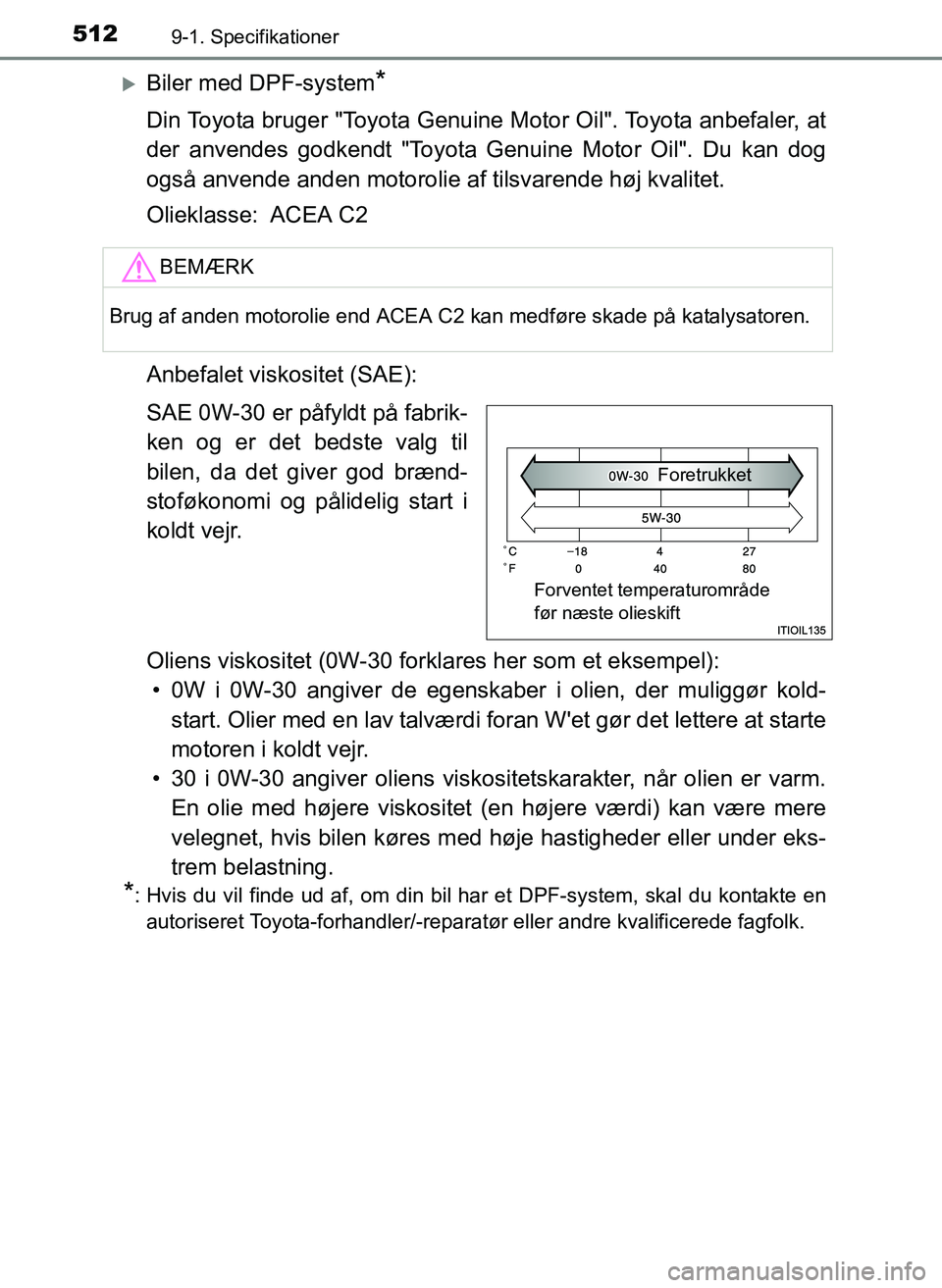 TOYOTA YARIS 2017  Brugsanvisning (in Danish) 5129-1. Specifikationer
OM52J20DK
Biler med DPF-system*
Din Toyota bruger "Toyota Genuine Motor Oil". Toyota anbefaler, at
der anvendes godkendt "Toyota Genuine Motor Oil". Du kan dog
også anvende