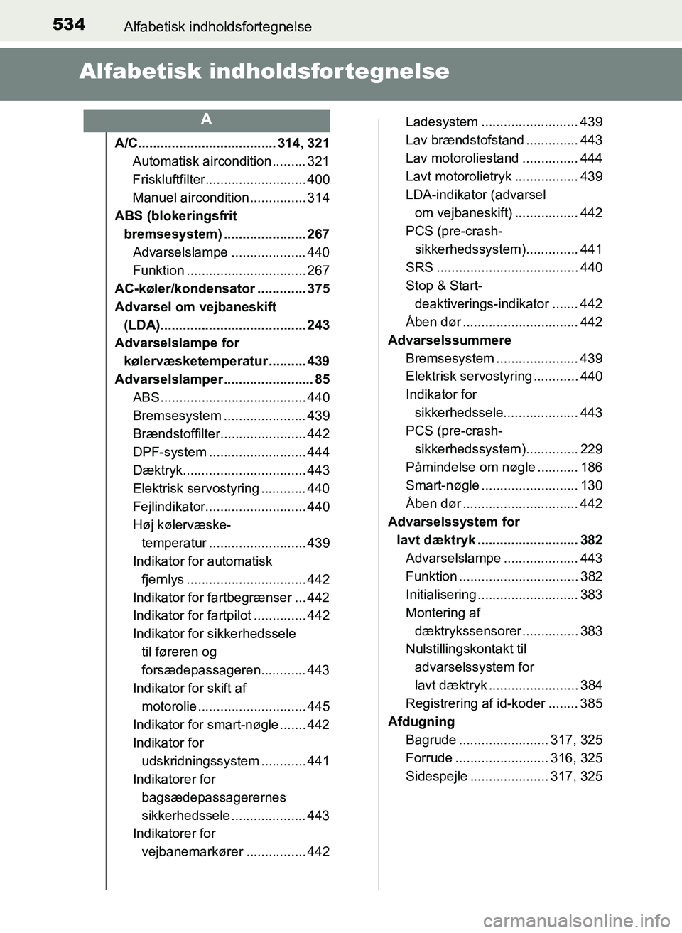 TOYOTA YARIS 2017  Brugsanvisning (in Danish) 534Alfabetisk indholdsfortegnelse
OM52J20DK
Alfabetisk indholdsfortegnelse
A/C..................................... 314, 321Automatisk aircondition ......... 321
Friskluftfilter.......................