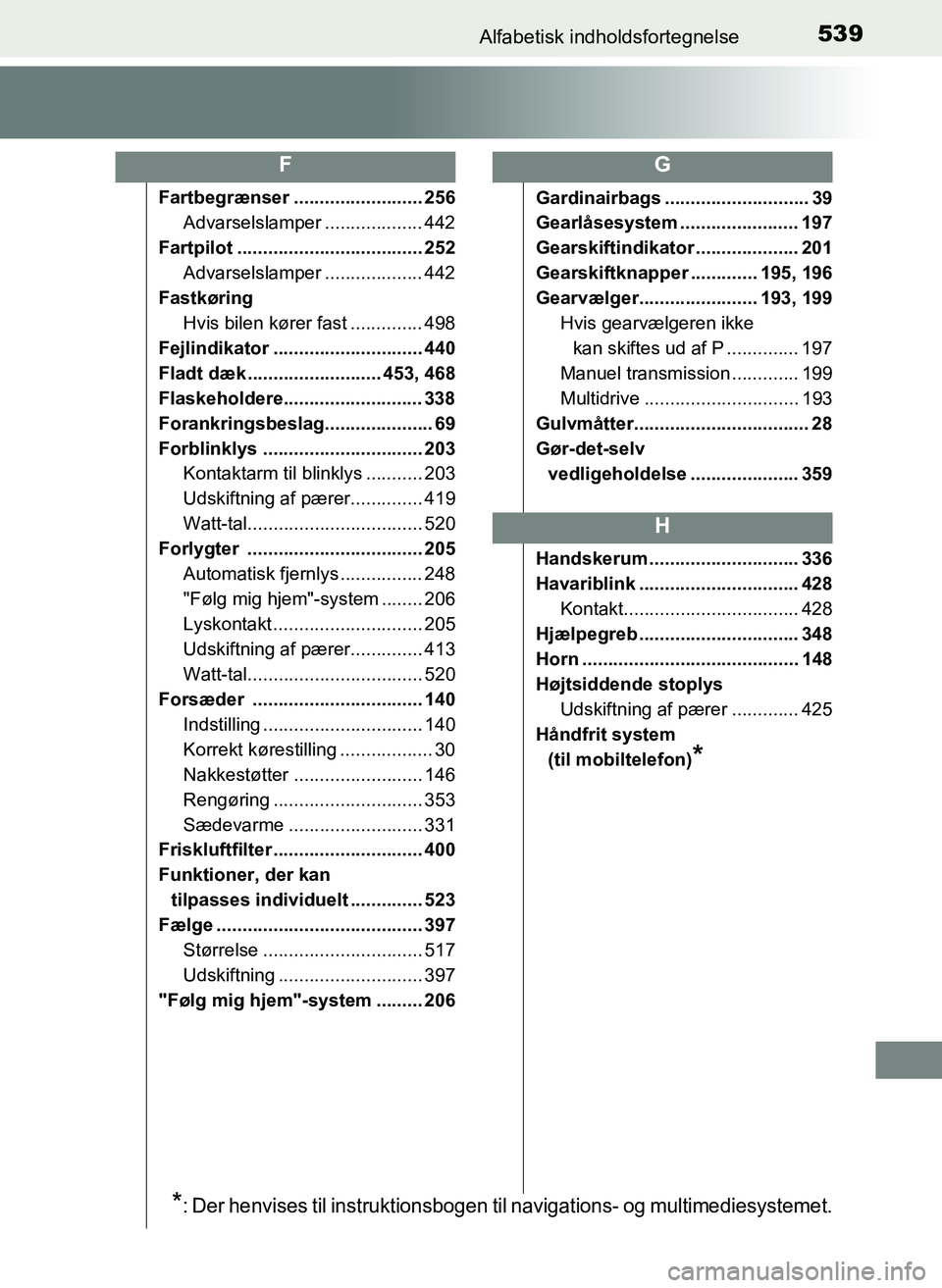 TOYOTA YARIS 2017  Brugsanvisning (in Danish) 539Alfabetisk indholdsfortegnelse
OM52J20DK
Fartbegrænser ......................... 256Advarselslamper ................... 442
Fartpilot .................................... 252 Advarselslamper .....