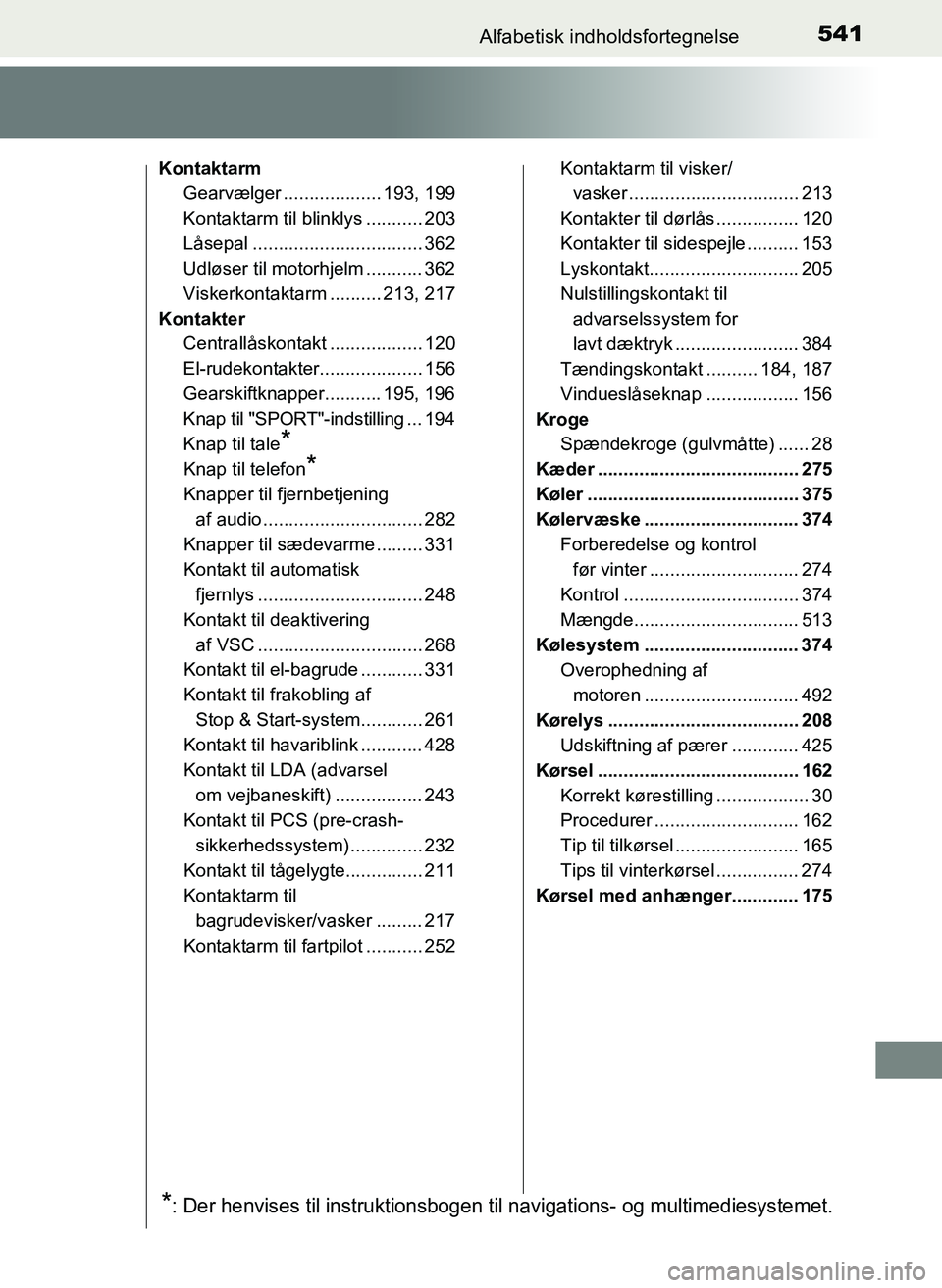 TOYOTA YARIS 2017  Brugsanvisning (in Danish) 541Alfabetisk indholdsfortegnelse
OM52J20DK
KontaktarmGearvælger ................... 193, 199
Kontaktarm til blinklys ........... 203
Låsepal ................................. 362
Udløser til motor