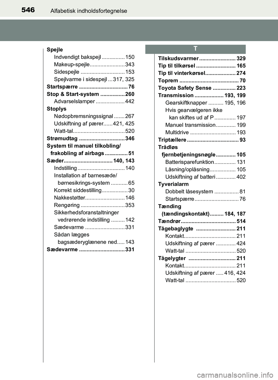 TOYOTA YARIS 2017  Brugsanvisning (in Danish) 546Alfabetisk indholdsfortegnelse
OM52J20DK
SpejleIndvendigt bakspejl ............... 150
Makeup-spejle....................... 343
Sidespejle ............................. 153
Spejlvarme i sidespejl .