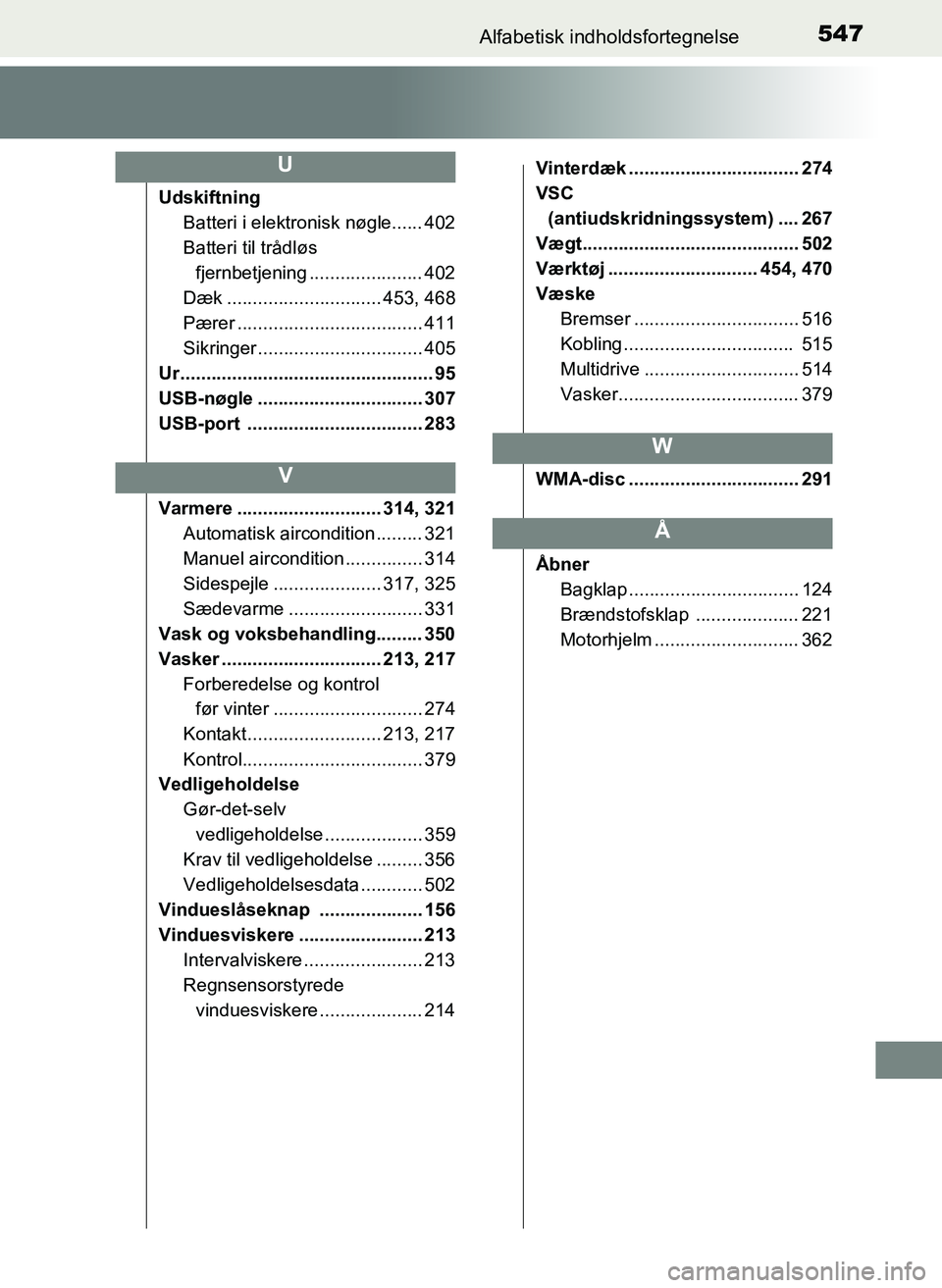TOYOTA YARIS 2017  Brugsanvisning (in Danish) 547Alfabetisk indholdsfortegnelse
OM52J20DK
UdskiftningBatteri i elektronisk nøgle...... 402
Batteri til trådløs 
fjernbetjening ...................... 402
Dæk .............................. 453, 