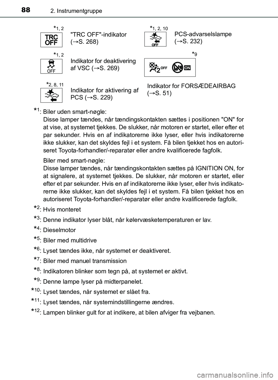 TOYOTA YARIS 2017  Brugsanvisning (in Danish) 882. Instrumentgruppe
OM52J20DK
*1: Biler uden smart-nøgle: Disse lamper tændes, når tændingskontakten sættes i positionen "ON" for
at vise, at systemet tjekkes. De slukker, når motoren er start