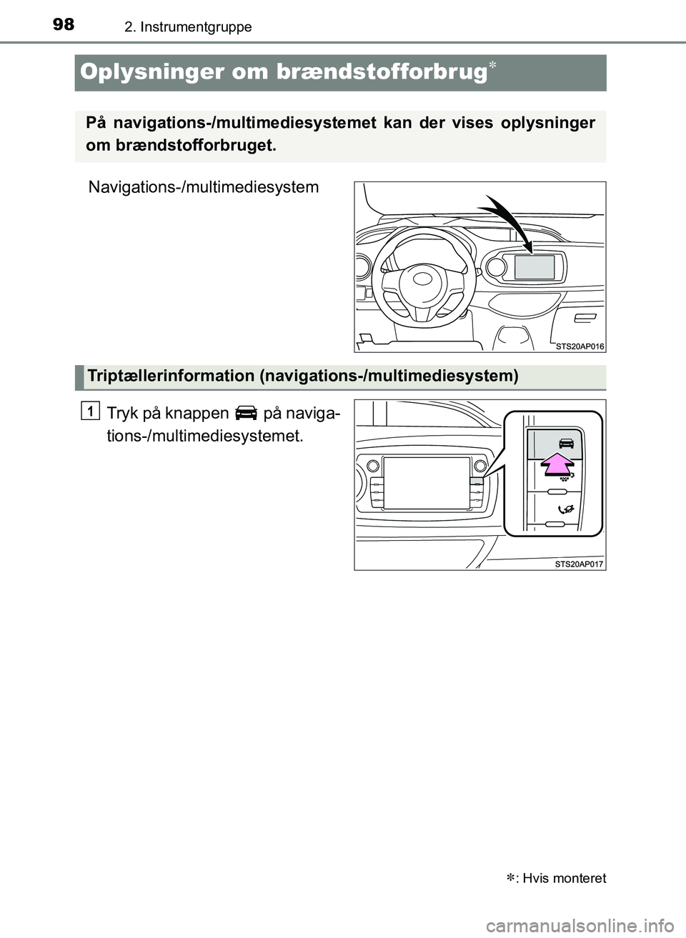 TOYOTA YARIS 2017  Brugsanvisning (in Danish) 982. Instrumentgruppe
OM52J20DK
Oplysninger om brændstofforbrug
Navigations-/multimediesystemTryk på knappen   på naviga-
tions-/multimediesystemet.
: Hvis monteret
På navigations-/multimedi