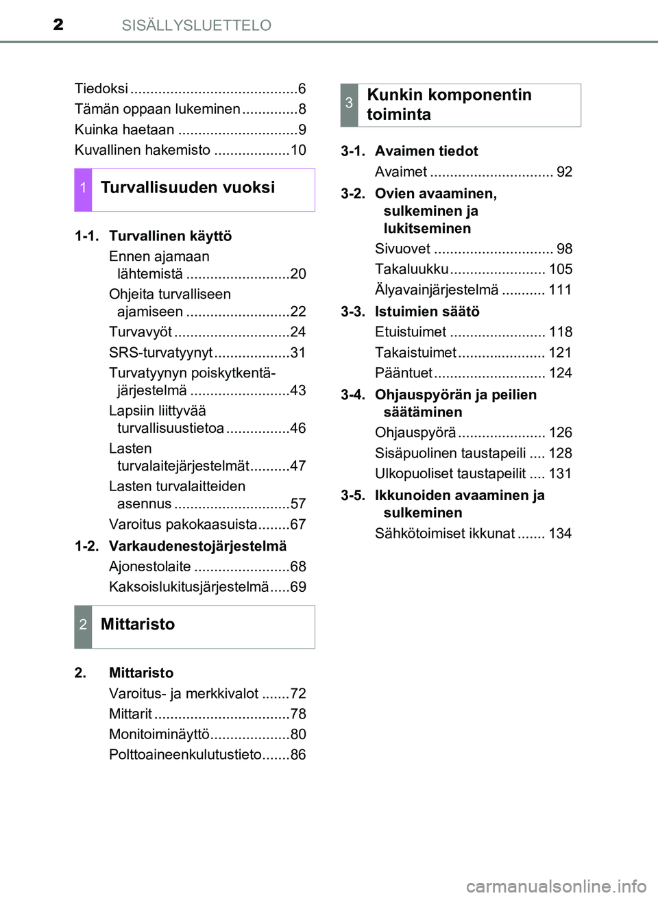 TOYOTA YARIS 2017 Omistajan Käsikirja (in Finnish) SISÄLLYSLUETTELO2
OM52J20FITiedoksi ..........................................6
Tämän oppaan lukeminen ..............8
Kuinka haetaan ..............................9
Kuvallinen hakemisto .......... TOYOTA YARIS 2017 Omistajan Käsikirja (in Finnish) SISÄLLYSLUETTELO2
OM52J20FITiedoksi ..........................................6
Tämän oppaan lukeminen ..............8
Kuinka haetaan ..............................9
Kuvallinen hakemisto ..........