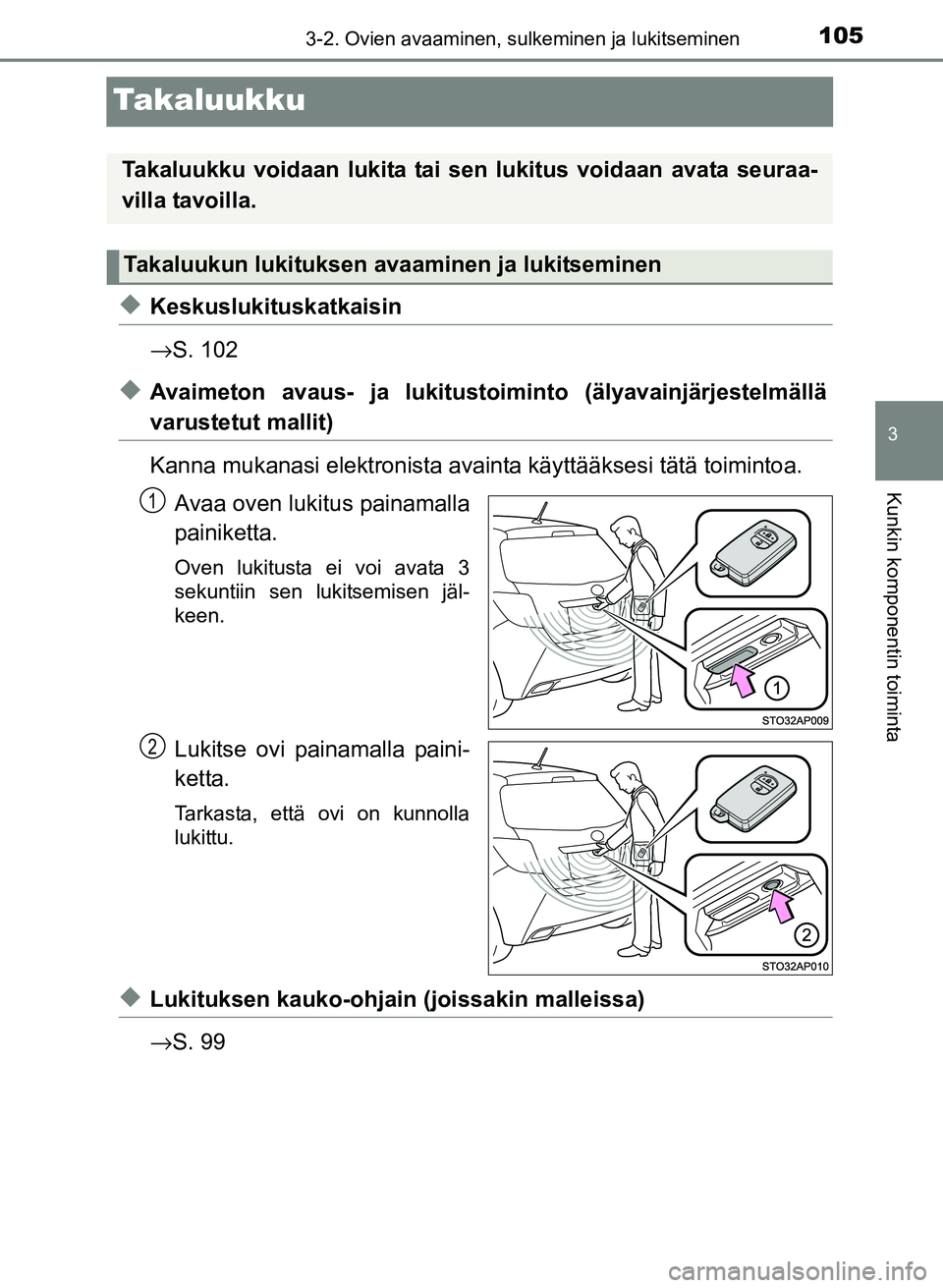 TOYOTA YARIS 2017 Omistajan Käsikirja (in Finnish) 105
3
3-2. Ovien avaaminen, sulkeminen ja lukitseminen
Kunkin komponentin toiminta
OM52J20FI
Takaluukku
uKeskuslukituskatkaisin
→S. 102
uAvaimeton avaus- ja lukitustoiminto (älyavainjärjestelmäll TOYOTA YARIS 2017 Omistajan Käsikirja (in Finnish) 105
3
3-2. Ovien avaaminen, sulkeminen ja lukitseminen
Kunkin komponentin toiminta
OM52J20FI
Takaluukku
uKeskuslukituskatkaisin
→S. 102
uAvaimeton avaus- ja lukitustoiminto (älyavainjärjestelmäll