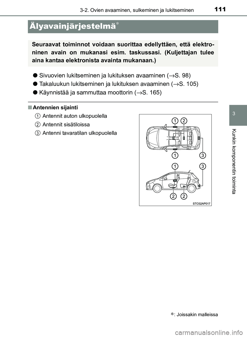 TOYOTA YARIS 2017 Omistajan Käsikirja (in Finnish) 111
3
3-2. Ovien avaaminen, sulkeminen ja lukitseminen
Kunkin komponentin toiminta
OM52J20FI
Älyavainjärjestelmä∗
lSivuovien lukitseminen ja lukituksen avaaminen ( →S. 98)
l Takaluukun lukitsem TOYOTA YARIS 2017 Omistajan Käsikirja (in Finnish) 111
3
3-2. Ovien avaaminen, sulkeminen ja lukitseminen
Kunkin komponentin toiminta
OM52J20FI
Älyavainjärjestelmä∗
lSivuovien lukitseminen ja lukituksen avaaminen ( →S. 98)
l Takaluukun lukitsem
