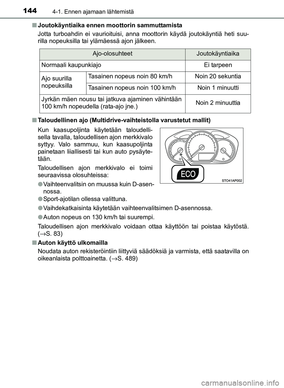 TOYOTA YARIS 2017 Omistajan Käsikirja (in Finnish) 1444-1. Ennen ajamaan lähtemistä
OM52J20FIn
Joutokäyntiaika ennen m oottorin sammuttamista
Jotta turboahdin ei vaurioituisi, anna moottorin käydä joutokäyntiä heti suu-
rilla nopeuksilla tai yl TOYOTA YARIS 2017 Omistajan Käsikirja (in Finnish) 1444-1. Ennen ajamaan lähtemistä
OM52J20FIn
Joutokäyntiaika ennen m oottorin sammuttamista
Jotta turboahdin ei vaurioituisi, anna moottorin käydä joutokäyntiä heti suu-
rilla nopeuksilla tai yl
