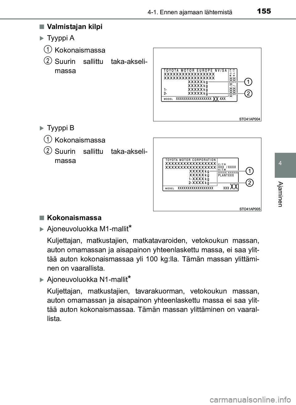 TOYOTA YARIS 2017 Omistajan Käsikirja (in Finnish) 1554-1. Ennen ajamaan lähtemistä
4
Ajaminen
OM52J20FIn
Valmistajan kilpi
Ty y p p i A
Kokonaismassa
Suurin sallittu taka-akseli-
massa
Ty y p p i BKokonaismassa
Suurin sallittu taka-akseli-
TOYOTA YARIS 2017 Omistajan Käsikirja (in Finnish) 1554-1. Ennen ajamaan lähtemistä
4
Ajaminen
OM52J20FIn
Valmistajan kilpi
Ty y p p i A
Kokonaismassa
Suurin sallittu taka-akseli-
massa
Ty y p p i BKokonaismassa
Suurin sallittu taka-akseli-