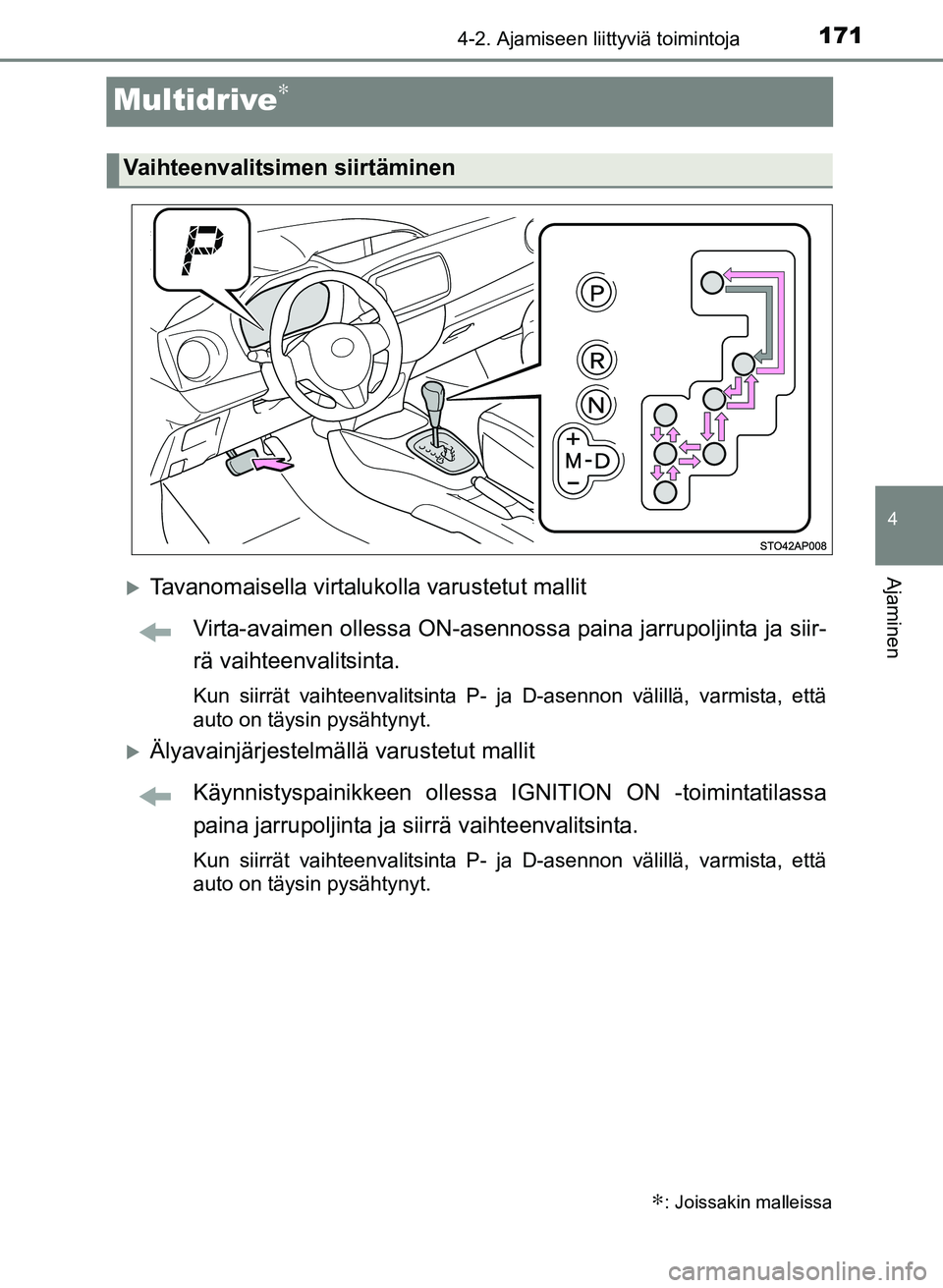 TOYOTA YARIS 2017 Omistajan Käsikirja (in Finnish) 171
4
4-2. Ajamiseen liittyviä toimintoja
Ajaminen
OM52J20FI
Multidrive∗
Tavanomaisella virtalukolla varustetut mallitVirta-avaimen ollessa ON-asennoss a paina jarrupoljinta ja siir-
rä vaihtee TOYOTA YARIS 2017 Omistajan Käsikirja (in Finnish) 171
4
4-2. Ajamiseen liittyviä toimintoja
Ajaminen
OM52J20FI
Multidrive∗
Tavanomaisella virtalukolla varustetut mallitVirta-avaimen ollessa ON-asennoss a paina jarrupoljinta ja siir-
rä vaihtee