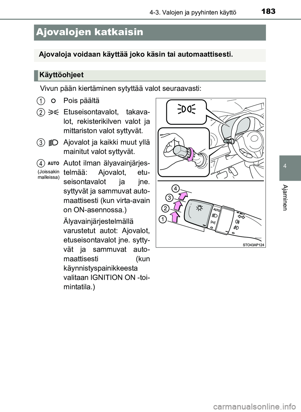 TOYOTA YARIS 2017 Omistajan Käsikirja (in Finnish) 183
4
4-3. Valojen ja pyyhinten käyttö
Ajaminen
OM52J20FI
Ajovalojen katkaisin
Vivun pään kiertäminen sytyttää valot seuraavasti:Pois päältä
Etuseisontavalot, takava-
lot, rekisterikilven va TOYOTA YARIS 2017 Omistajan Käsikirja (in Finnish) 183
4
4-3. Valojen ja pyyhinten käyttö
Ajaminen
OM52J20FI
Ajovalojen katkaisin
Vivun pään kiertäminen sytyttää valot seuraavasti:Pois päältä
Etuseisontavalot, takava-
lot, rekisterikilven va