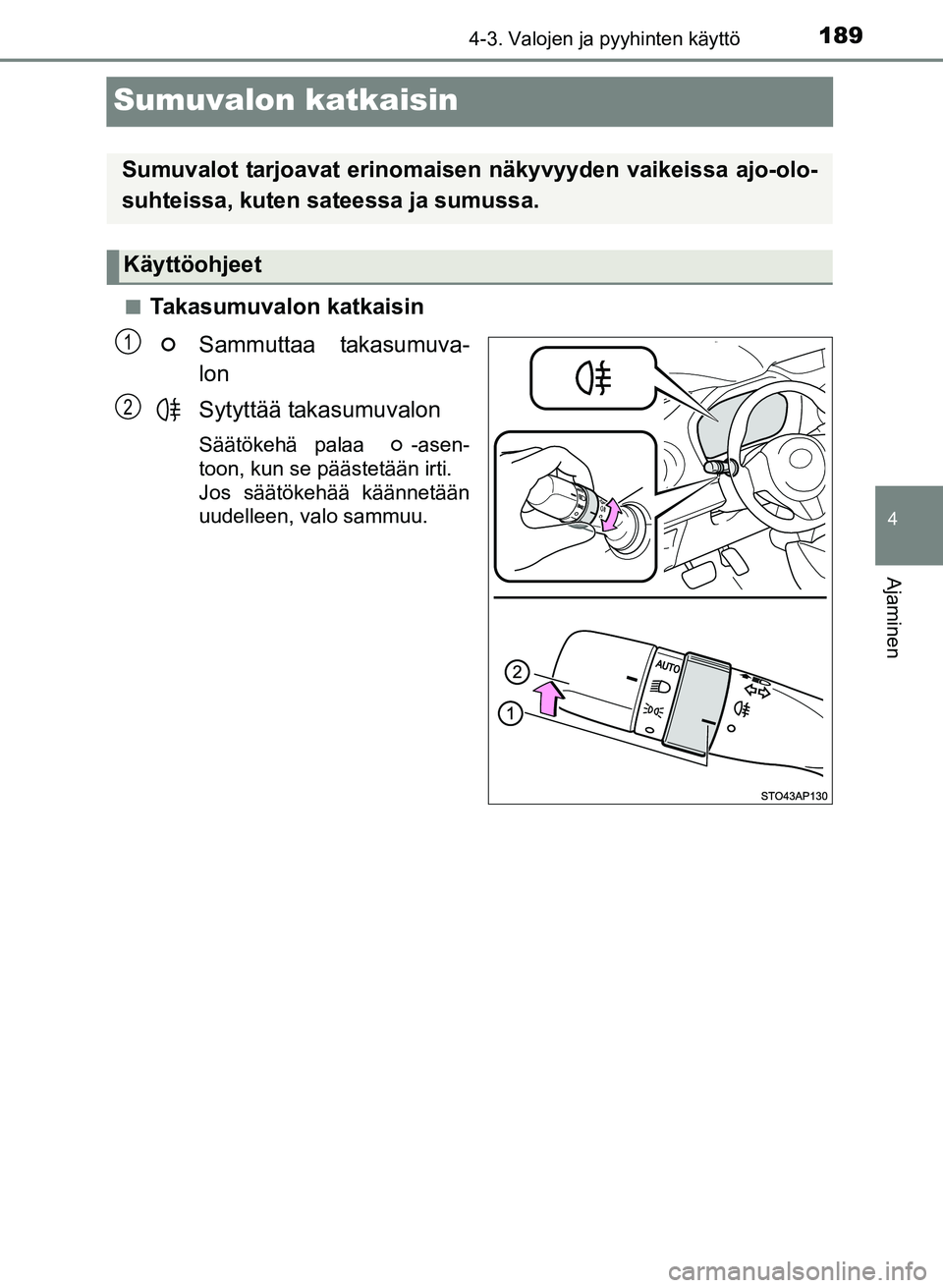 TOYOTA YARIS 2017 Omistajan Käsikirja (in Finnish) 189
4
4-3. Valojen ja pyyhinten käyttö
Ajaminen
OM52J20FI
Sumuvalon katkaisin
nTakasumuvalon katkaisinSammuttaa takasumuva-
lon
Sytyttää takasumuvalon
Säätökehä palaa -asen-
toon, kun se pä TOYOTA YARIS 2017 Omistajan Käsikirja (in Finnish) 189
4
4-3. Valojen ja pyyhinten käyttö
Ajaminen
OM52J20FI
Sumuvalon katkaisin
nTakasumuvalon katkaisinSammuttaa takasumuva-
lon
Sytyttää takasumuvalon
Säätökehä palaa -asen-
toon, kun se pä