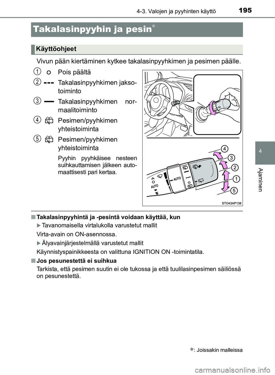 TOYOTA YARIS 2017 Omistajan Käsikirja (in Finnish) 195
4
4-3. Valojen ja pyyhinten käyttö
Ajaminen
OM52J20FI
Takalasinpyyhin ja pesin∗
Vivun pään kiertäminen kytkee takalasinpyyhkimen ja pesimen päälle.Pois päältä
Takalasinpyyhkimen jakso- TOYOTA YARIS 2017 Omistajan Käsikirja (in Finnish) 195
4
4-3. Valojen ja pyyhinten käyttö
Ajaminen
OM52J20FI
Takalasinpyyhin ja pesin∗
Vivun pään kiertäminen kytkee takalasinpyyhkimen ja pesimen päälle.Pois päältä
Takalasinpyyhkimen jakso-