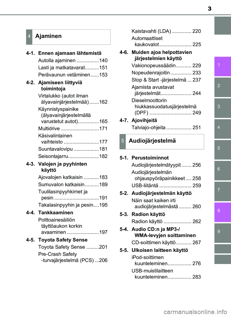 TOYOTA YARIS 2017  Omistajan Käsikirja (in Finnish) 3
1
7
8 6 5
4
3
2
9
OM52J20FI4-1. Ennen ajamaan lähtemistä
Autolla ajaminen ................140
Lasti ja matkatavarat..........151
Perävaunun vetäminen ......153
4-2. Ajamiseen liittyviä  toimint