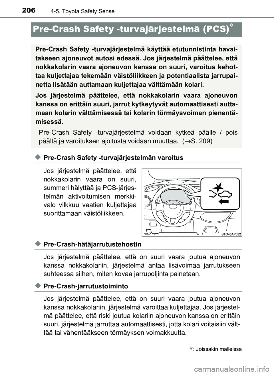 TOYOTA YARIS 2017  Omistajan Käsikirja (in Finnish) 2064-5. Toyota Safety Sense
OM52J20FI
Pre-Crash Safety -tur vajärjestelmä (PCS)∗
uPre-Crash Safety -turvajärjestelmän varoitus
Jos järjestelmä päättelee, että
nokkakolarin vaara on suuri,
s