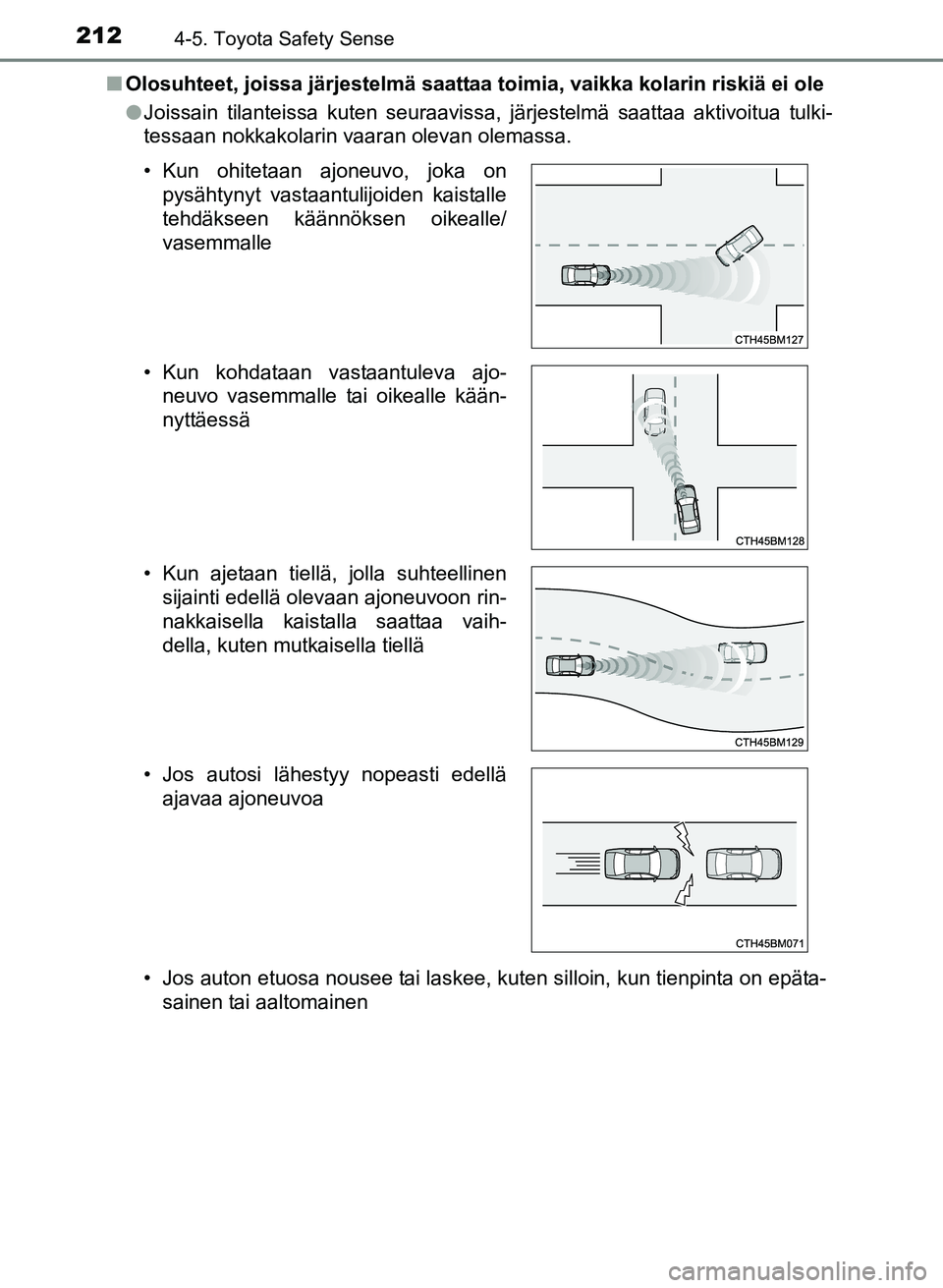 TOYOTA YARIS 2017 Omistajan Käsikirja (in Finnish) 2124-5. Toyota Safety Sense
OM52J20FIn
Olosuhteet, joissa järjestelmä saattaa toimia, vaikka kolarin riskiä ei ole
lJoissain tilanteissa kuten seuraavissa, järjestelmä saattaa aktivoitua tulki-
t TOYOTA YARIS 2017 Omistajan Käsikirja (in Finnish) 2124-5. Toyota Safety Sense
OM52J20FIn
Olosuhteet, joissa järjestelmä saattaa toimia, vaikka kolarin riskiä ei ole
lJoissain tilanteissa kuten seuraavissa, järjestelmä saattaa aktivoitua tulki-
t