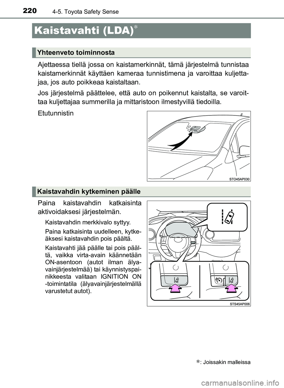 TOYOTA YARIS 2017 Omistajan Käsikirja (in Finnish) 2204-5. Toyota Safety Sense
OM52J20FI
Kaistavahti (LDA)∗
Ajettaessa tiellä jossa on kaistamerkinnät, tämä järjestelmä tunnistaa
kaistamerkinnät käyttäen kameraa tunnistimena ja varoittaa ku TOYOTA YARIS 2017 Omistajan Käsikirja (in Finnish) 2204-5. Toyota Safety Sense
OM52J20FI
Kaistavahti (LDA)∗
Ajettaessa tiellä jossa on kaistamerkinnät, tämä järjestelmä tunnistaa
kaistamerkinnät käyttäen kameraa tunnistimena ja varoittaa ku