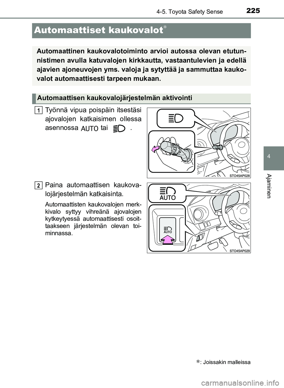 TOYOTA YARIS 2017 Omistajan Käsikirja (in Finnish) 225
4
4-5. Toyota Safety Sense
Ajaminen
OM52J20FI
Automaattiset kaukovalot∗
Työnnä vipua poispäin itsestäsi
ajovalojen katkaisimen ollessa
asennossa tai .
Paina automaattisen kaukova-
lojärje TOYOTA YARIS 2017 Omistajan Käsikirja (in Finnish) 225
4
4-5. Toyota Safety Sense
Ajaminen
OM52J20FI
Automaattiset kaukovalot∗
Työnnä vipua poispäin itsestäsi
ajovalojen katkaisimen ollessa
asennossa tai .
Paina automaattisen kaukova-
lojärje