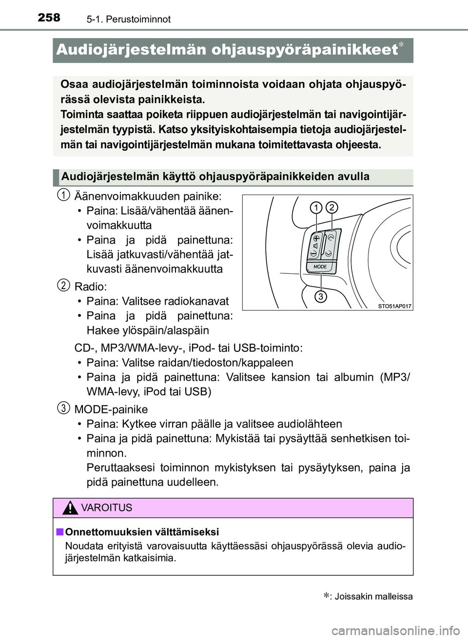 TOYOTA YARIS 2017  Omistajan Käsikirja (in Finnish) 2585-1. Perustoiminnot
OM52J20FI
Audiojärjestelmän ohjauspyöräpainikkeet∗
Äänenvoimakkuuden painike:• Paina: Lisää/vähentää äänen- voimakkuutta
• Paina ja pidä painettuna: Lisää 