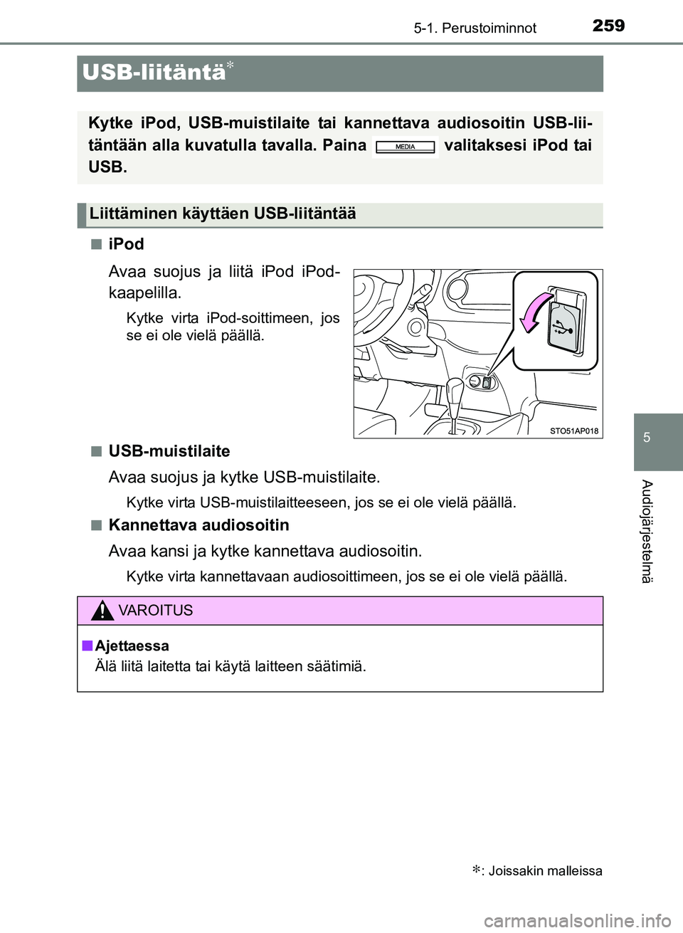 TOYOTA YARIS 2017  Omistajan Käsikirja (in Finnish) 259
5
5-1. Perustoiminnot
Audiojärjestelmä
OM52J20FI
USB-liitäntä∗
niPod
Avaa suojus ja liitä iPod iPod-
kaapelilla.
Kytke virta iPod-soittimeen, jos
se ei ole vielä päällä.
n
USB-muistilai
