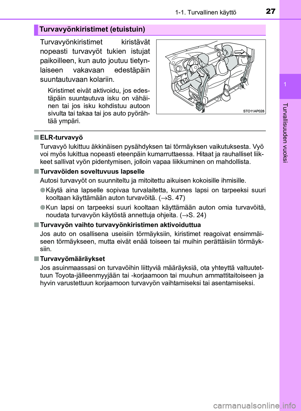 TOYOTA YARIS 2017  Omistajan Käsikirja (in Finnish) 271-1. Turvallinen käyttö
1
Turvallisuuden vuoksi
OM52J20FI
Turvavyönkiristimet kiristävät
nopeasti turvavyöt tukien istujat
paikoilleen, kun auto joutuu tietyn-
laiseen vakavaan edestäpäin
su